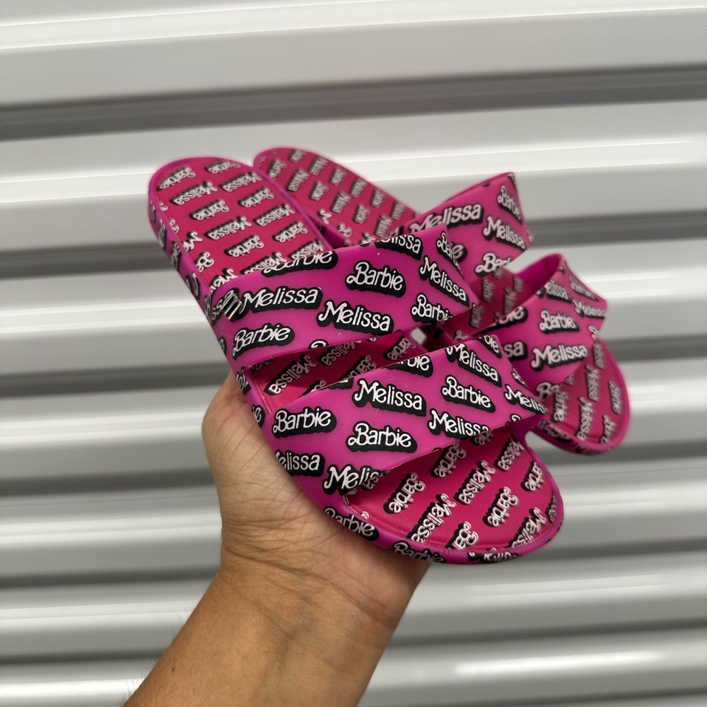 New- Melissa Barbie Logo Slide Sandals in Hot Pink